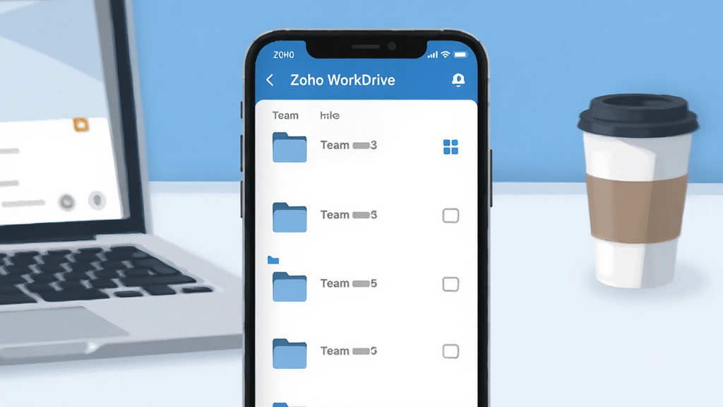 һ��չʾ Zoho WorkDrive �ƶ���Ӧ��������Ĳ廭������������һ�������ֻ�����Ļ��ʾ�� Zoho WorkDrive ���ļ��б����Ŷ��ļ���ͼ�꣬�����Ǽ�Լ�İ칫���滷�����бʼǱ����ԺͿ��ȱ�������ɫ������ɫ�Ͱ�ɫΪ��������ִ���ƽ�����ʸɾ��������޶���Ԫ��