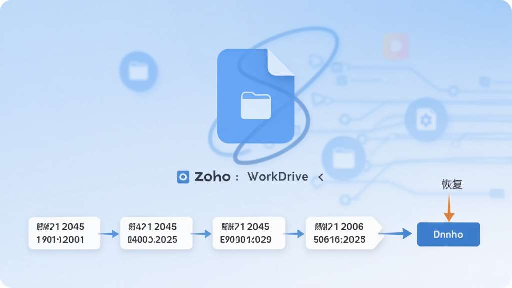 һ��չʾ Zoho WorkDrive �ļ��汾��ʷ���ܵĽ����ͼ���廭������������һ���ļ�ͼ�꣬�·������ż���ʱ����汾��ǩ���м�ͷָ�򡰻ָ�����ť����������͵���ɫ���䣬���Ƽ���Լ�������������޶���Ԫ��