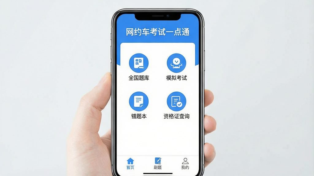 һ���ֻ���Ļչʾ��Լ������һ��ͨAPP�����棬���涥����ʾ����Լ������һ��ͨ�����֣��м��ǡ�ȫ����⡱��ģ�⿼�ԡ������Ȿ�����ʸ�֤��ѯ���ĸ��������ͼ�꣬�ײ��ǡ���ҳ����ˢ�⡱���ҵġ�����ѡ���������������ɫΪ�����������ˬ�����ʸɾ��޶���Ԫ��