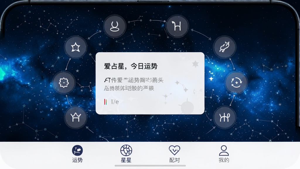 �ֻ���Ļչʾһ����Ϊ��ռ�ǵ���������App�����棬����ɫ�ǿձ�����������ʾ�������ƿ�Ƭ��ʮ������ͼ�껷�����У�����ײ������ơ����̡���ԡ��ҵ��ĸ���ǩ�������岼������������������ţ����ʸɾ�ϸ�壬�޶���Ԫ��