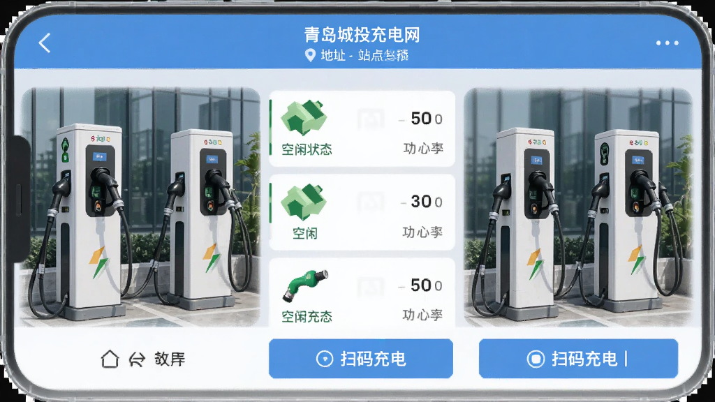 �ൺ��Ͷ�����App��վ������ҳ�棬������ʾվ�����ƺ͵�ַ���м��ǳ��׮�б���ÿ��׮��ʾ����״̬�͹��ʣ��ײ��ǵ�����ť��ɨ���簴ť�����沼������������࣬���ʸɾ�