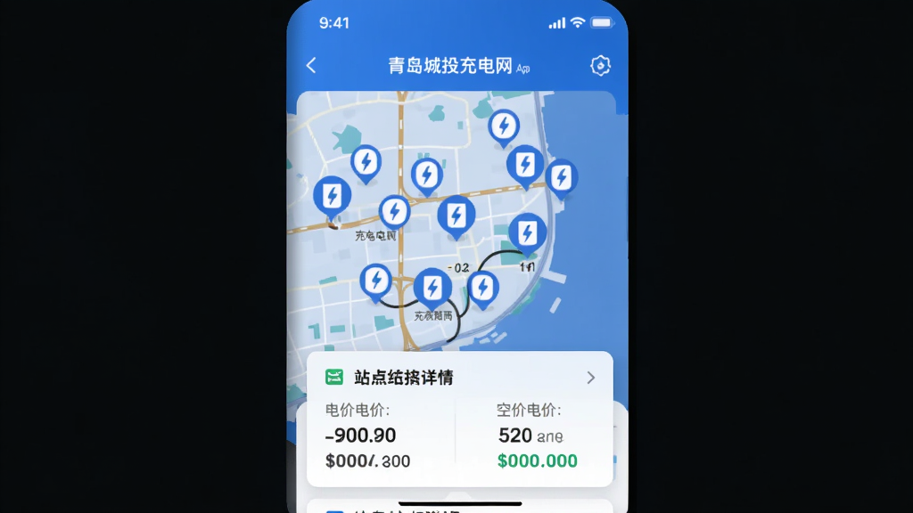 �ൺ��Ͷ�����App�ĳ���ͼ���棬��ɫΪ��ɫ������ͼ�ϱ�ע������վͼ�꣬�ײ�����վ�����鿨Ƭ��ʾ��ۺͿ���׮���������岼������������ִ���࣬���ʸɾ��޶���Ԫ��