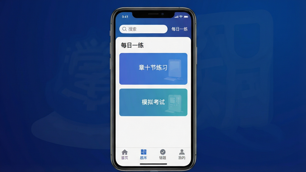 ����Ա��֤ѧ֪��APP������չʾ���ֻ���Ļ���аڷţ�����Ϊ����ɫ���䣬��Ļ����ʾ�����ϰ���棬�������������ÿ��һ����ڣ��м����½���ϰ��ģ�⿼�ԵĴ�ť���ײ�����������ҳ����⡢���⡢�ҵ��ĸ�ͼ�꣬������ִ���ƽ�����������������ʸɾ��޶���Ԫ��