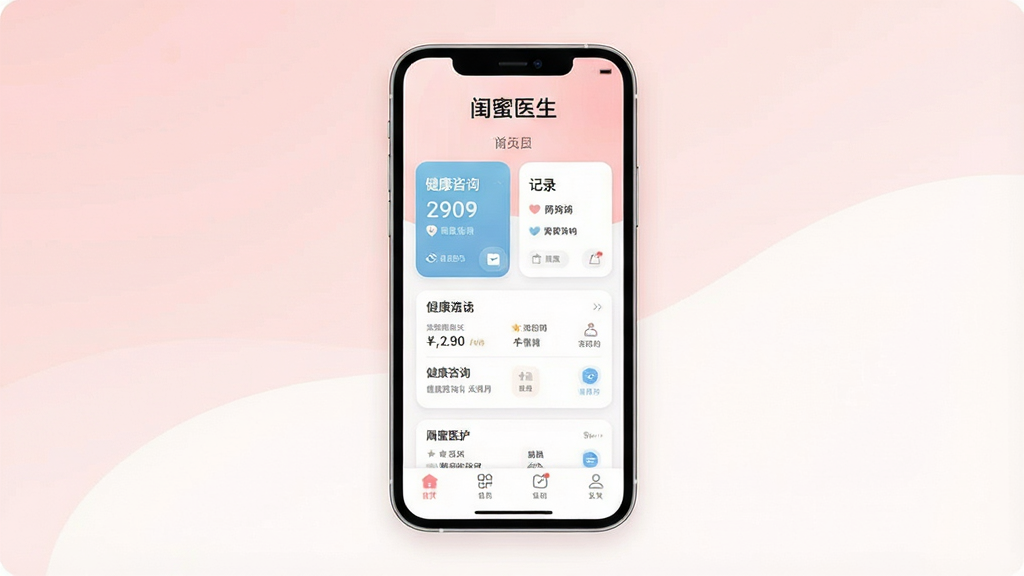 一张展示闺蜜医生App核心界面的手机样机图,画面中央是手机屏幕,屏幕内显示闺蜜医生首页,顶部有“闺蜜医生”文字标识,中间是健康咨询和记录卡片,底部是导航栏,背景是柔和的浅粉色与白色渐变,风格温馨干净现代,细节圆润,画质清晰无多余元素