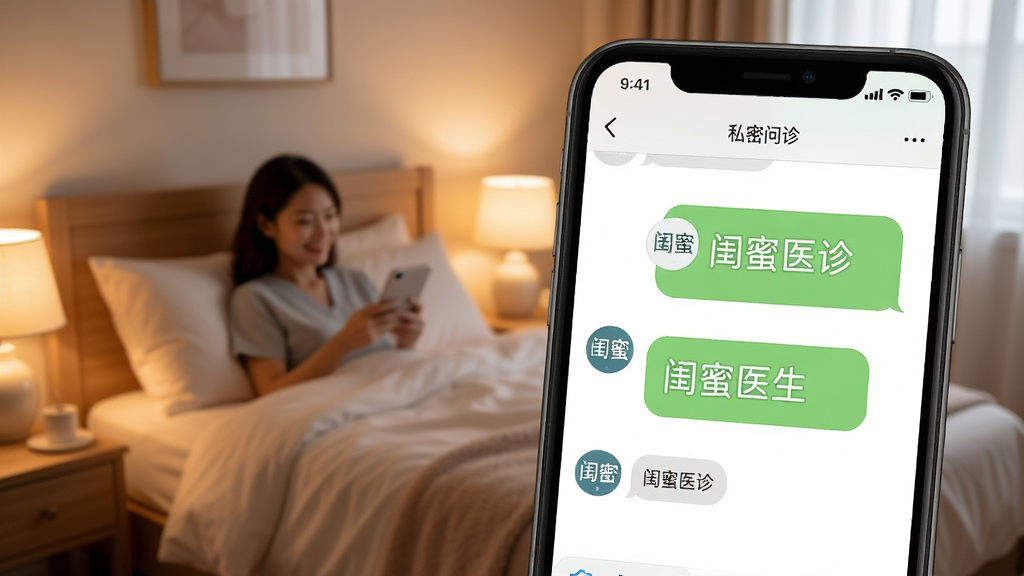 一张AI生图,画面主体是一个手机屏幕特写,屏幕内显示闺蜜医生App的私密问诊聊天界面,对话气泡中带有“闺蜜医生”文字标识,背景是虚化的女性卧室场景,柔和暖光,风格私密安全温馨,画质干净无多余元素