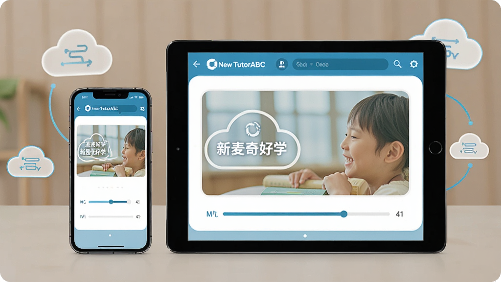 һ��չʾNew TutorABC �������ѧ���豸ͬ��ѧϰ������ͼƬ��������ͬʱ�����ֻ���ƽ����̨�豸����Ļ�϶���ʾ����ͬ�Ŀγ̽����ͬ�����������豸��Χ�м�����ͬ��ͼ���׺��������Ƽ������׺������棬���ʸɾ��޶���Ԫ��