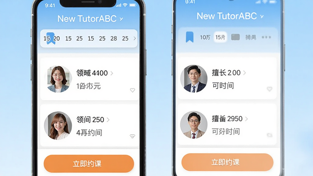 һ��չʾNew TutorABC �������ѧԼ�ν�����ֻ���ͼ���ͼƬ���������ֻ���Ļ��ʾ����б���ÿλ���ͷ���Ա�ע���ó�����Ϳ�Լʱ�䣬��Ļ�Ϸ�������ѡ�������·�������Լ�ΰ�ť������Ϊǳ��ɫ���䣬��������ˬ���������ʸɾ��޶���Ԫ��