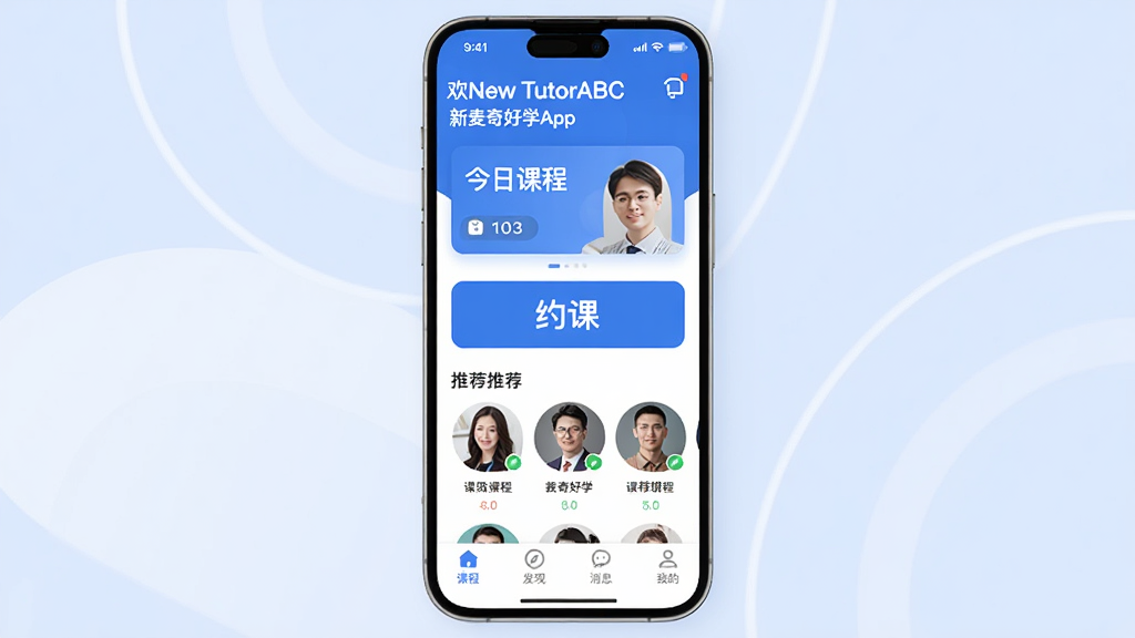 һ��չʾNew TutorABC �������ѧApp�������ͼƬ�������������ֻ���Ļ����Ļ����ʾApp��ҳ���֣������л�ӭ��ͽ��տγ̿�Ƭ���м���Լ����ں��Ƽ����ͷ���б����ײ�Ϊ�γ̡����֡���Ϣ���ҵ��ĸ�������ǩ������������ɫ��Ϊ��������ִ���࣬ϸ��Բ�󣬻��ʸɾ��������޶���Ԫ��