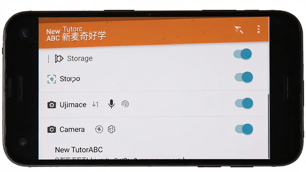 һ��չʾNew TutorABC �������ѧ�ڰ�׿�ֻ��ϰ�װ��Ȩ�����ý����ͼƬ���������ֻ���Ļ��ʾӦ��Ȩ�޹���ҳ�棬�����洢����˷硢�����Ȩ�޿��أ�������Ϊ��׿ԭ�����÷����ɫ��࣬�����������޶���Ԫ��