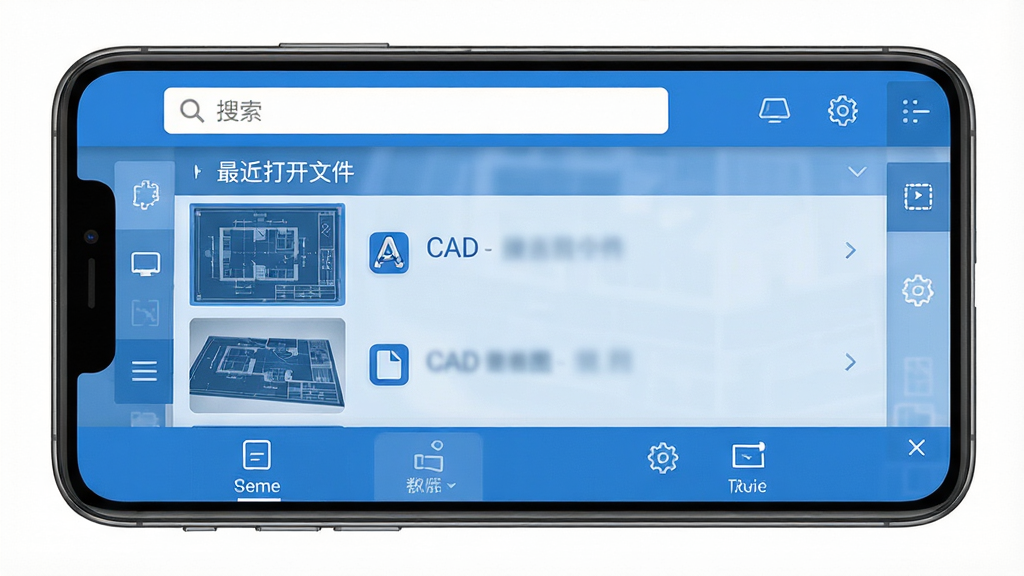 һ��չʾCADרҵ��ѿ�ͼApp�������ͼƬ��������һ���ֻ���Ļ����Ļ����ʾCADרҵ��ѿ�ͼ���������棬���ְ����������������м�������ļ��б����ײ�����ѡ����Ű��������򣬷��Ϊ�ִ���ƽ���Ƽ�����ϸ����Ҫ��ͼֽ����ͼ�Ͳ˵�ͼ�꣬���������ɾ����޶���Ԫ��