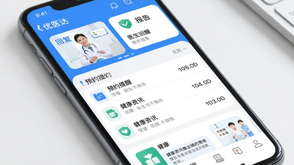 �ֻ���Ļ��ʾ����ҽ�App����Ϣ֪ͨ���Ľ��棬������ҽ���ظ��ͱ������ѵĿ�Ƭ���м���ԤԼ�����б����ײ��н�����Ѷ���ͣ������������죬������ɫ�����ʸɾ��޶���Ԫ�ء�