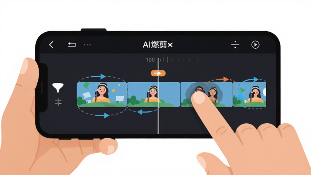AI燃剪 手机操作手势示意图,主体是一只手拿着手机,屏幕上显示AI燃剪的时间轴编辑界面,布局为手指正在拖动视频轨道,排版直观,风格为扁平插画风,细节上有箭头指示操作方向,画质干净清晰,无多余元素