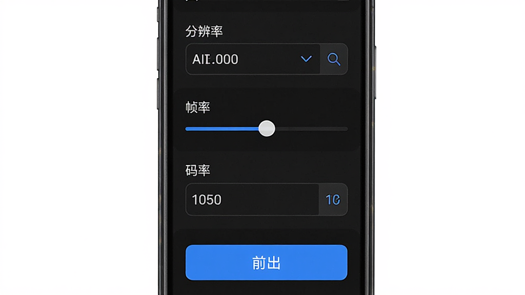AI燃剪 视频导出设置界面,主体是手机屏幕显示导出参数选项,布局从上到下依次为分辨率选择、帧率调节、码率设置和导出按钮,排版整齐,风格为简洁工具风,细节上数字清晰、按钮醒目,画质干净锐利,无多余元素