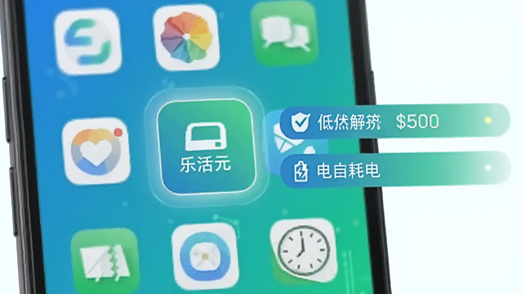 乐活元应用在手机上的运行状态示意图,画面显示手机屏幕中有多个应用图标,乐活元图标被高亮标注,旁边有性能数据条显示低内存占用和低耗电,整体风格为科技感信息图,配色为蓝绿渐变,画质清晰
