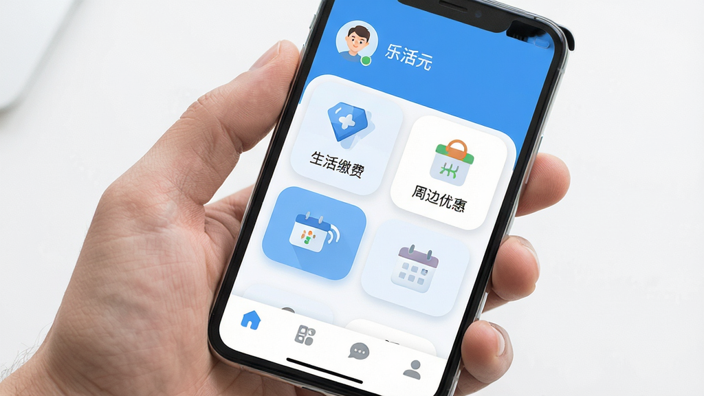 手机屏幕展示乐活元应用主界面,整体采用清新蓝白配色,顶部显示用户头像和昵称,中间是功能卡片式布局,包含生活缴费、周边优惠、社区活动等图标,底部导航栏清晰简洁,画面明亮干净,扁平化设计风格,细节圆润,画质高清无多余元素
