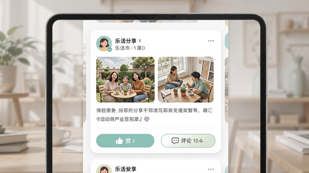 乐活元社区互动界面展示,画面中显示用户发布的邻里分享帖子,包含图片和文字描述,下方有点赞和评论按钮,整体布局类似轻量级社交信息流,背景为白色卡片式设计,配色柔和,画质干净整洁