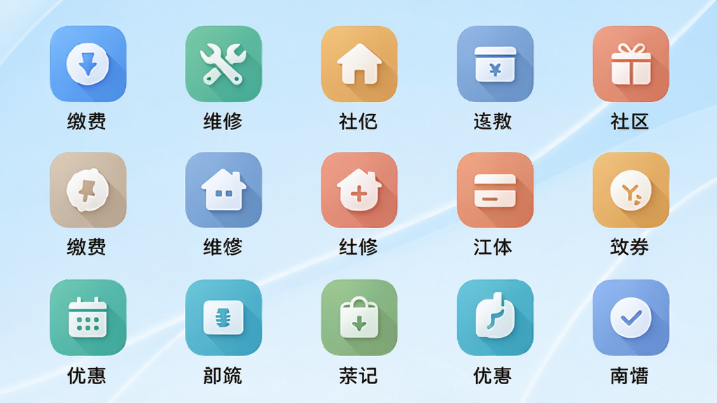 乐活元应用功能聚合界面截图,画面中央是网格状功能图标排列,包括缴费、维修、社区、优惠券等模块,每个图标下方有中文标签,背景为浅蓝色渐变,整体风格统一整洁,图标设计简约现代,画质清晰干净