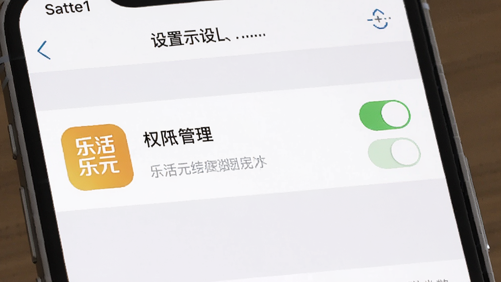 乐活元应用安装设置界面示意图,画面展示手机设置中的权限管理页面,乐活元图标旁边有权限开关选项,背景为手机系统原生设置界面风格,配色为白色和浅灰色,画质清晰干净