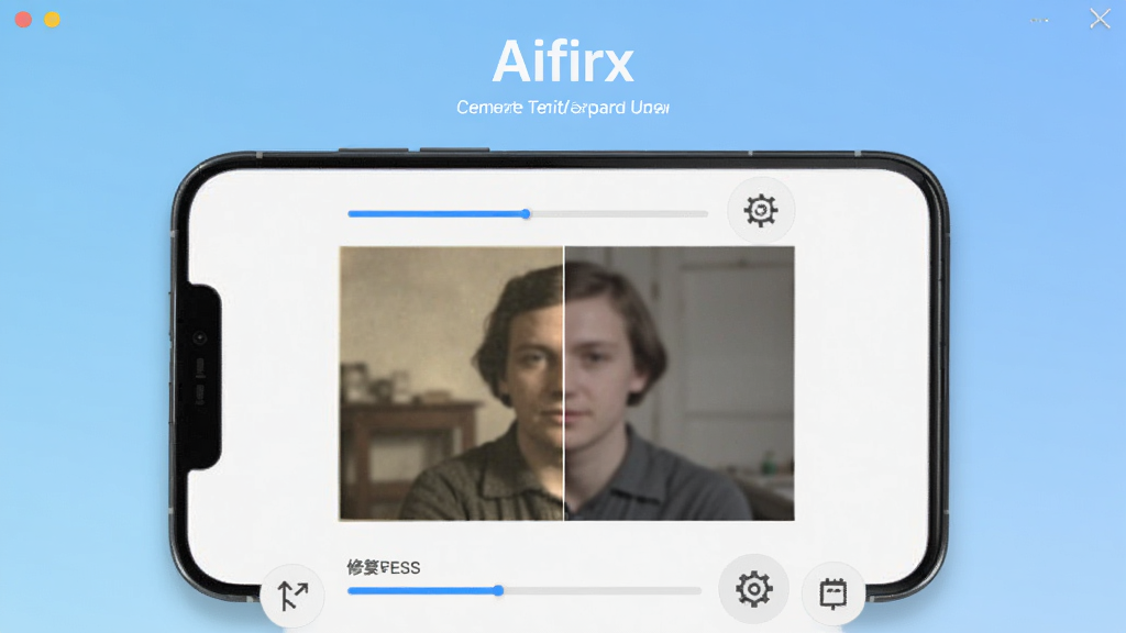 AIfirx软件主界面展示,主体是一个简洁的手机屏幕,屏幕中央显示一张模糊的老照片正在被AI修复,左右对比效果明显,布局上方是软件名称“AIfirx”和一行小字标语,背景为浅蓝色渐变,风格现代扁平化,细节包含修复进度条和功能图标,画质清晰,干净无多余元素