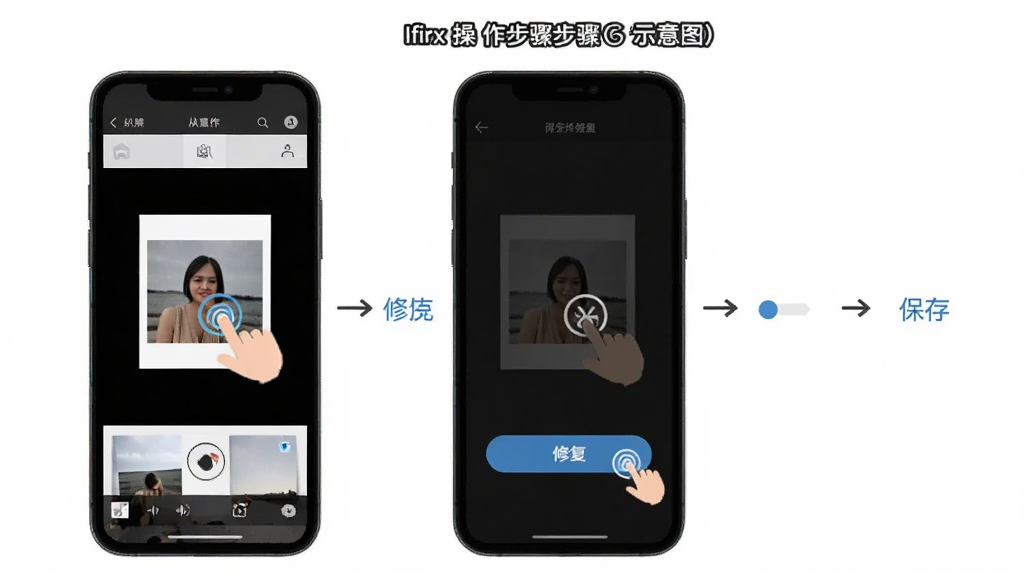 AIfirx操作步骤示意图,主体是手机屏幕显示从相册选择照片到点击修复按钮再到保存结果的三个步骤,布局为纵向流程排列,风格简洁直观,细节包含手指点击图标和进度提示,画质清晰,无多余元素