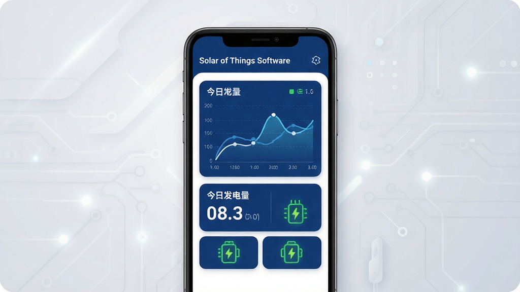 一张展示Solar of Things软件核心界面的图片,画面中央是手机屏幕,屏幕上显示光伏电站监控仪表盘,有发电功率曲线、今日发电量数字和逆变器状态图标,主色调为深蓝与白色,界面布局简洁清晰,背景是浅灰色科技感渐变,风格现代扁平,细节圆润,画质干净无多余元素,图片中不出现任何文字