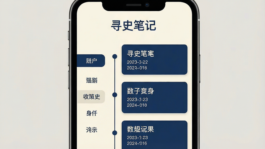 寻史笔记应用主界面截图,手机屏幕中央展示简洁的时间轴布局,上方有