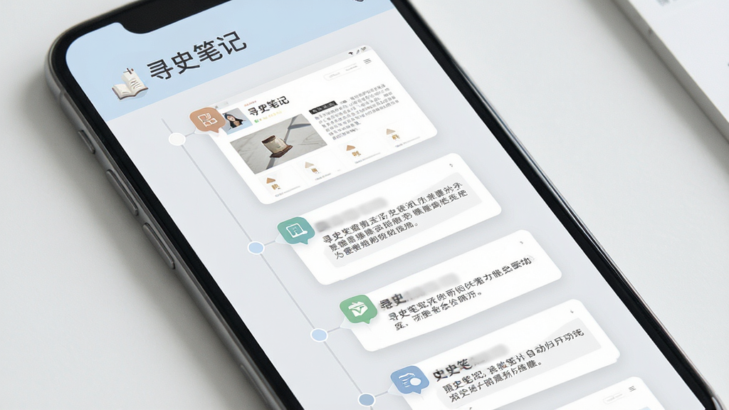 寻史笔记自动归档功能展示图,手机屏幕显示一条纵向时间轴,轴上串联着多个网页卡片和文字笔记卡片,卡片带有小图标区分来源,顶部有