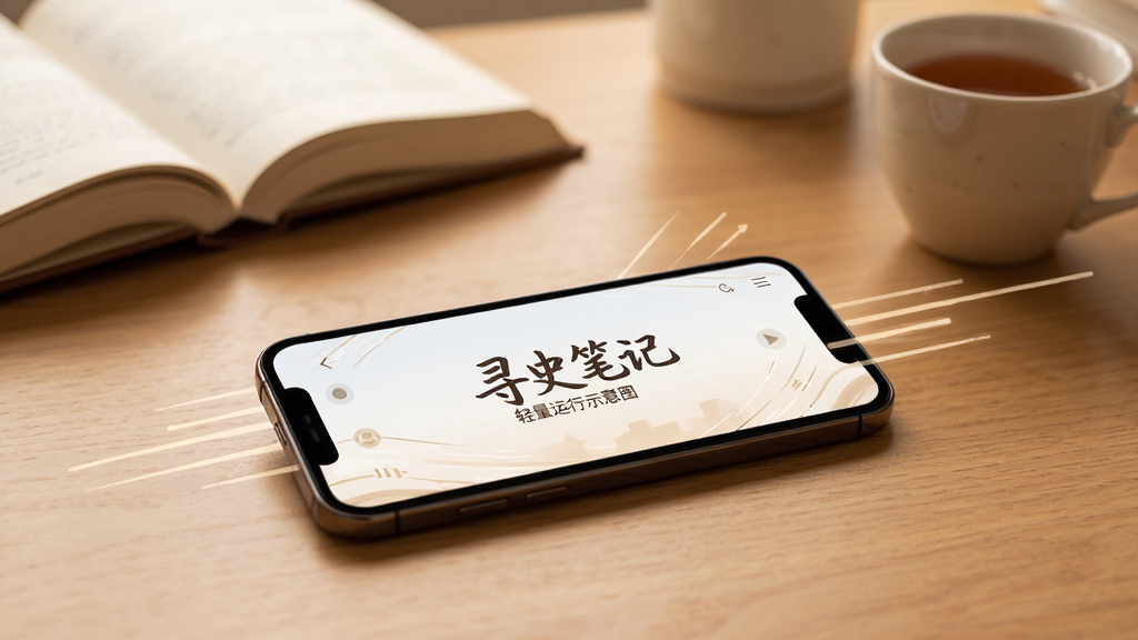 寻史笔记轻量运行示意图,画面中一部手机平稳放置在桌面上,屏幕显示寻史笔记界面流畅滑动,周围有象征速度的浅色线条装饰,背景是简洁的书桌场景,有书本和茶杯点缀,整体色调温暖,风格生活化,画质清晰,无多余元素