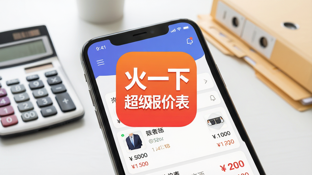 手机屏幕特写,画面中央是“火一下超级报价表”的APP图标和主界面,界面上显示着清晰的产品列表和价格数字,背景是办公桌场景,有计算器和文件夹,光线明亮柔和,风格现代简约扁平化,细节干净无多余元素,画质高清