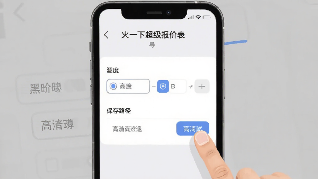手机屏幕显示“火一下超级报价表”的导出设置界面,有清晰度选项和保存路径选择,旁边有手指正在点击高清模式按钮,背景是简洁的灰色调,风格扁平化设计,画质清晰干净
