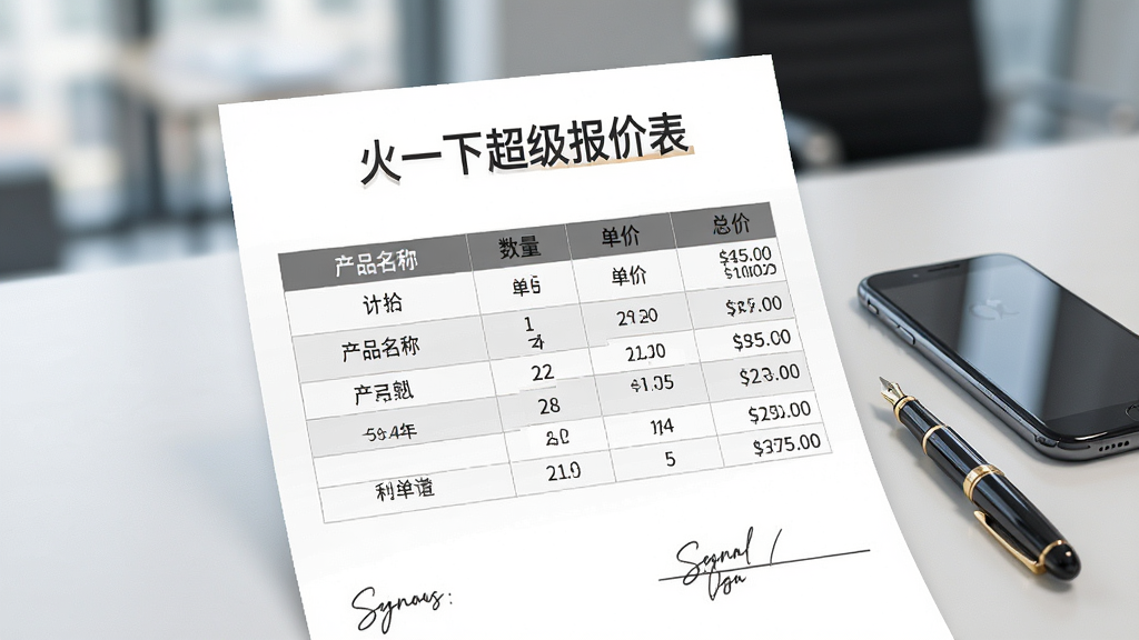 一张设计精美的报价单截图,抬头写着“火一下超级报价表”,表格内列有产品名称、数量、单价和总价,底部有签名区域,整体排版干净整洁,旁边放着手机和钢笔,背景虚化处理,风格商务简约,画质清晰无杂乱元素