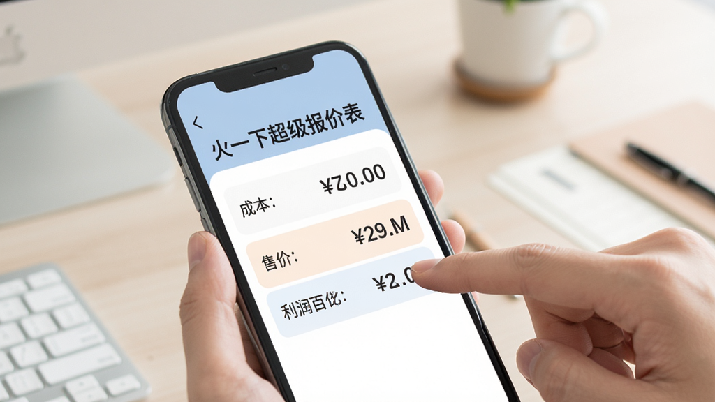 手机界面展示“火一下超级报价表”的利润计算页面,屏幕上显示着成本、售价和利润百分比,数字清晰醒目,手指正在点击屏幕,背景是简单的办公桌面,风格扁平化设计,色彩柔和,画质干净无多余装饰