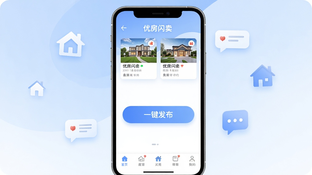 手机屏幕居中展示“优房闪卖”应用主界面,顶部是房源列表卡片,中间有醒目的“一键发布”按钮,底部导航栏清晰可见,背景是柔和的蓝白渐变,周围散落着房产图标和消息气泡,整体风格现代简洁,画质干净明亮,无多余元素