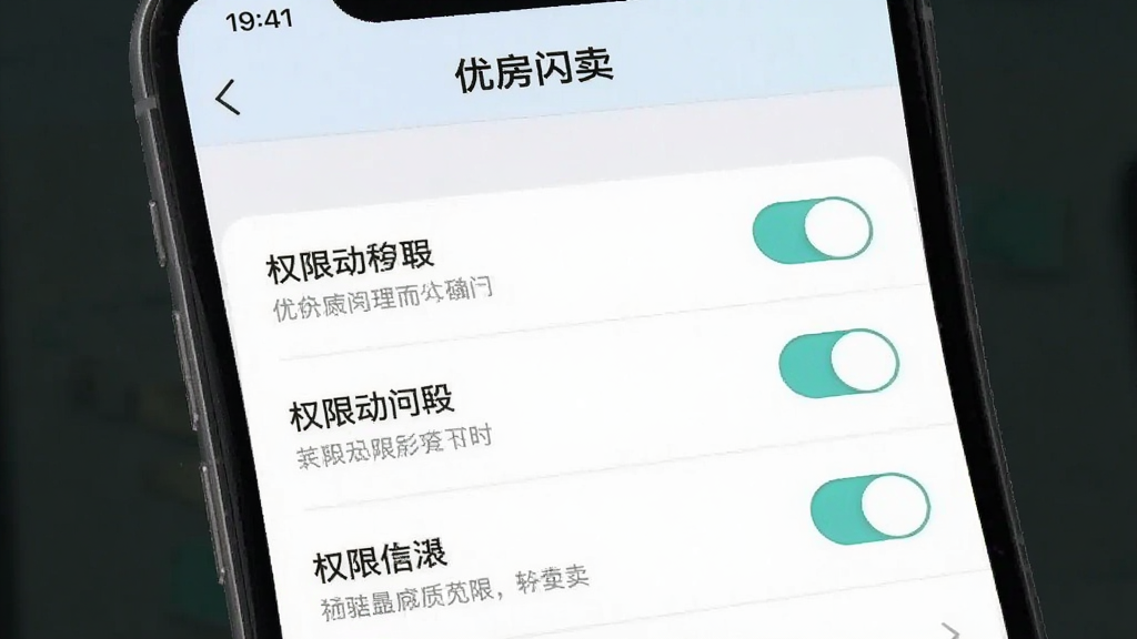 “优房闪卖”应用设置界面截图风格,手机屏幕显示权限管理列表,有开关按钮和文字说明,背景干净,配色柔和,整体风格清晰易读,画质干净,无多余元素