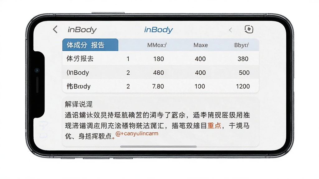 一张展示InBody应用报告解读界面的图片,主体是手机屏幕显示体成分报告和解读文字,布局为手机居中、屏幕内上方是数据表格下方是解读说明,排版清晰分块,风格简洁易读,细节上解读文字用通俗语言标注重点,屏幕内包含“InBody”标识,画质干净无多余元素,背景为白色