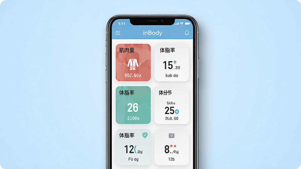 一张展示InBody体成分分析应用界面的图片,主体是手机屏幕显示人体成分数据图表,布局为手机居中放置,背景是干净的浅蓝色渐变,排版上手机屏幕内展示肌肉量、体脂率等数据卡片,风格现代简洁扁平化,细节上手机边缘有轻微阴影,屏幕内文字清晰可见包含“InBody”字样,画质干净无多余元素,整体看起来专业又清爽