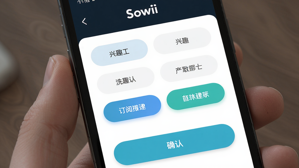 Sowii ���Ի���������ҳ�棬����Ϊ�ֻ���Ļ�ϵı�ǩѡ����棬����Ϊ�������⣬�м�����Ȥ��ǩ��ť��ѡ��״̬�������ײ�ȷ�ϰ�ť���Ű���������������죬ϸ�ڰ�ťԲ����ͣ����ʸɾ����޶���Ԫ��