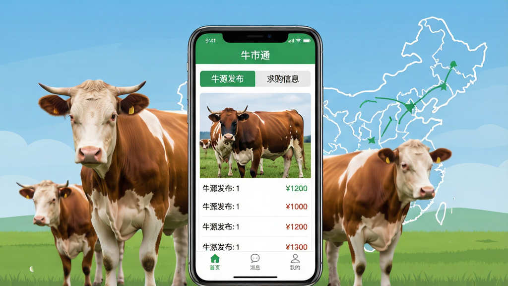 一张展示“牛市通”软件主要功能的合成图,画面中央是一部智能手机,屏幕显示“牛市通”APP的主界面,顶部有“牛源发布”和“求购信息”的醒目标签,中间是清晰的牛只照片和价格列表,底部导航栏有“首页”、“消息”、“我的”图标。手机周围环绕着几头健壮的西门塔尔牛和一张中国地图的抽象线条,背景是干净的草原蓝天,整体风格现代扁平,色彩以绿色和白色为主,画质清晰,无多余杂乱元素。