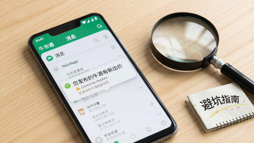 一部安卓手机屏幕特写,显示“牛市通”APP的“消息”界面,有一条新消息提醒弹窗,标题是“您发布的牛源有新出价”。手机旁边放着一个放大镜和一本写有“避坑指南”的小册子。背景是干净的木质桌面,风格简约,画质清晰,重点突出消息提醒功能。