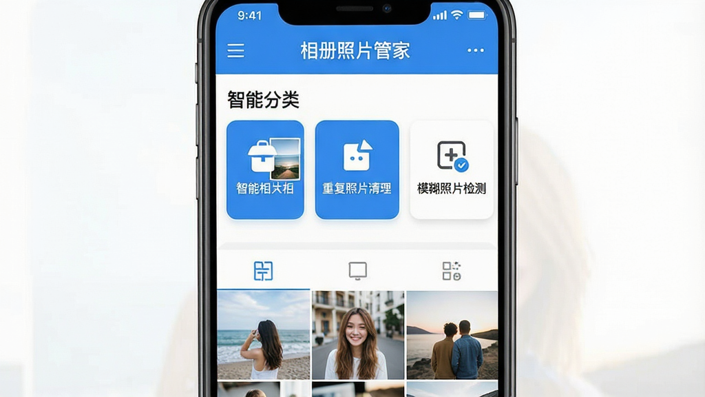 相册照片管家应用主界面截图,画面中央展示手机屏幕,屏幕内是相册照片管家应用界面,顶部显示“相册照片管家”文字,中间有智能分类相册、重复照片清理、模糊照片检测三个功能卡片,底部是照片浏览网格,整体布局清晰,风格现代扁平,配色以蓝白为主,画质干净,无多余元素