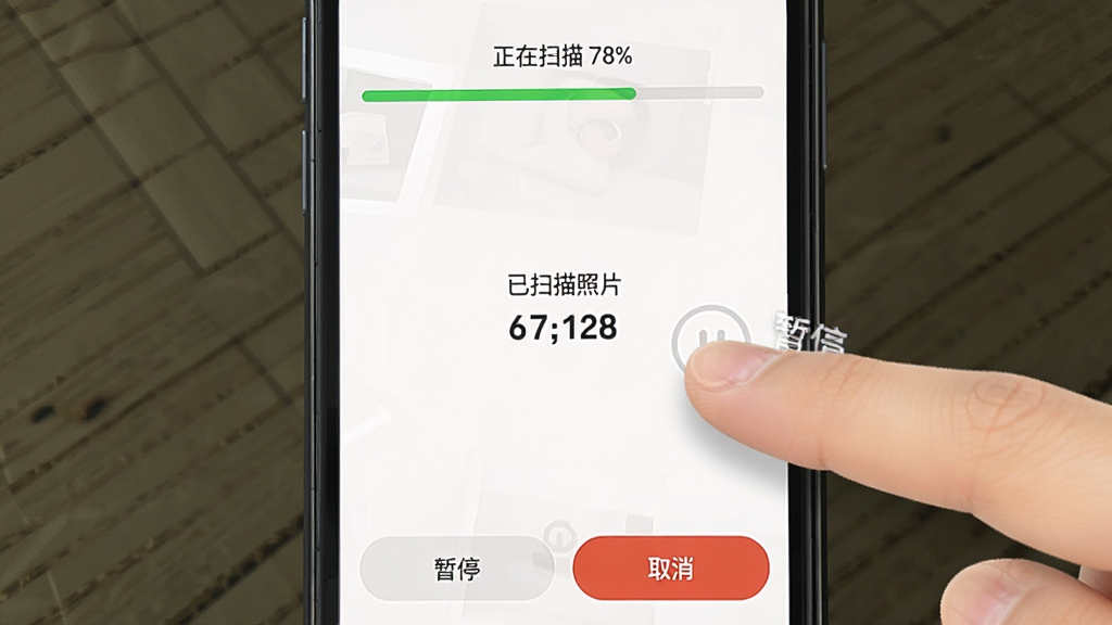 相册照片管家操作教程示意图,画面展示一部手机屏幕,屏幕内是相册照片管家扫描进度界面,顶部有进度条显示“正在扫描 78%”,中间有已扫描照片数量,底部有“暂停”和“取消”按钮,旁边有手指点击屏幕的示意,风格简洁直观,画质清晰,无多余元素
