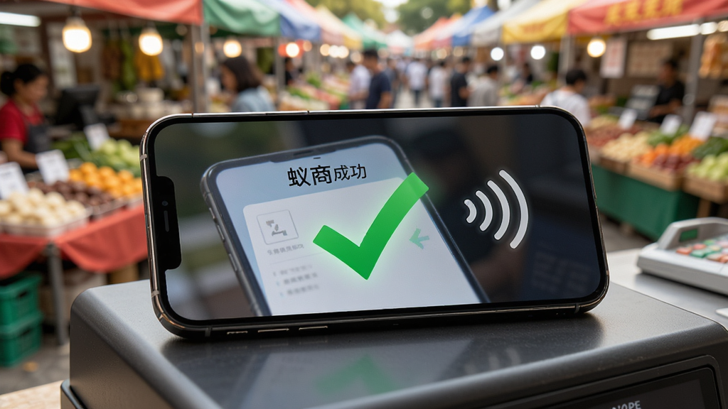 手机放在收银台上,屏幕显示“蚁商”收款成功界面,一个大大的绿色对勾,旁边有语音播报的波纹图标,背景是模糊的市集摊位,风格写实,细节清晰,画质明亮