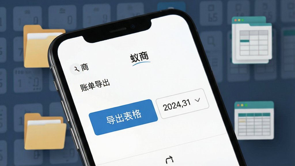 手机屏幕显示“蚁商”的账单导出界面,有一个明显的“导出表格”按钮,旁边是日期选择器,背景有文件夹和表格的图标装饰,风格简约商务,画质干净无多余元素