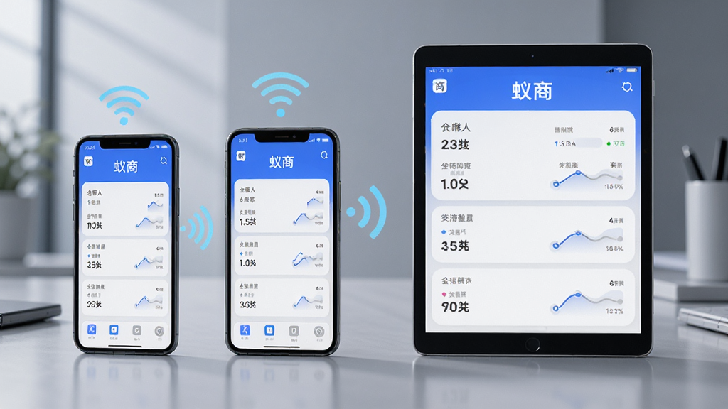 两部手机和一台平板电脑并排显示“蚁商”应用界面,界面数据同步一致,设备之间有无线信号连接的图标,背景是简洁的办公桌面,风格科技现代,画质清晰