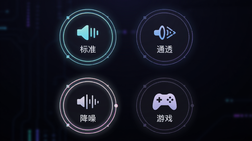 Glossia Eyewear应用内音频模式切换界面的UI设计图,画面中央是四个圆形模式按钮,分别标注“标准”“通透”“降噪”“游戏”,每个按钮配有不同的图标,背景为深色渐变,按钮有轻微的霓虹光效,布局采用2x2网格排列,风格为暗黑科技风,细节上当前选中模式有高亮描边,画质干净无多余元素