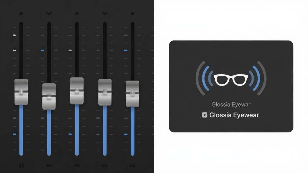 Glossia Eyewear应用内均衡器调节界面与查找眼镜功能弹窗的合成示意图,画面左侧是五条垂直的音频推子滑块,右侧是眼镜发出声波图标的提示弹窗,布局左右分栏,风格为扁平化UI设计,细节上推子有金属质感,声波用同心圆表示,画质清晰无杂乱元素
