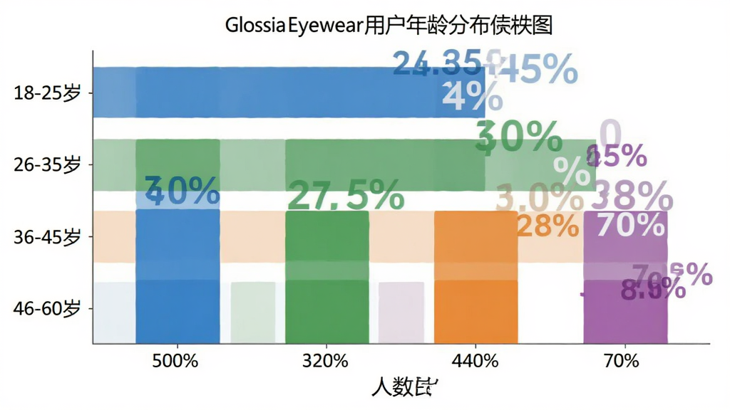 Glossia Eyewear用户年龄分布柱状图,画面为横向柱状图,纵轴标注年龄段“18-25岁”“26-35岁”“36-45岁”“46-60岁”,横轴为人数占比百分比,柱子颜色分别为蓝色、绿色、橙色、紫色,布局简洁明了,风格为扁平化数据图表,细节上柱顶有具体百分比数字,画质干净无多余元素