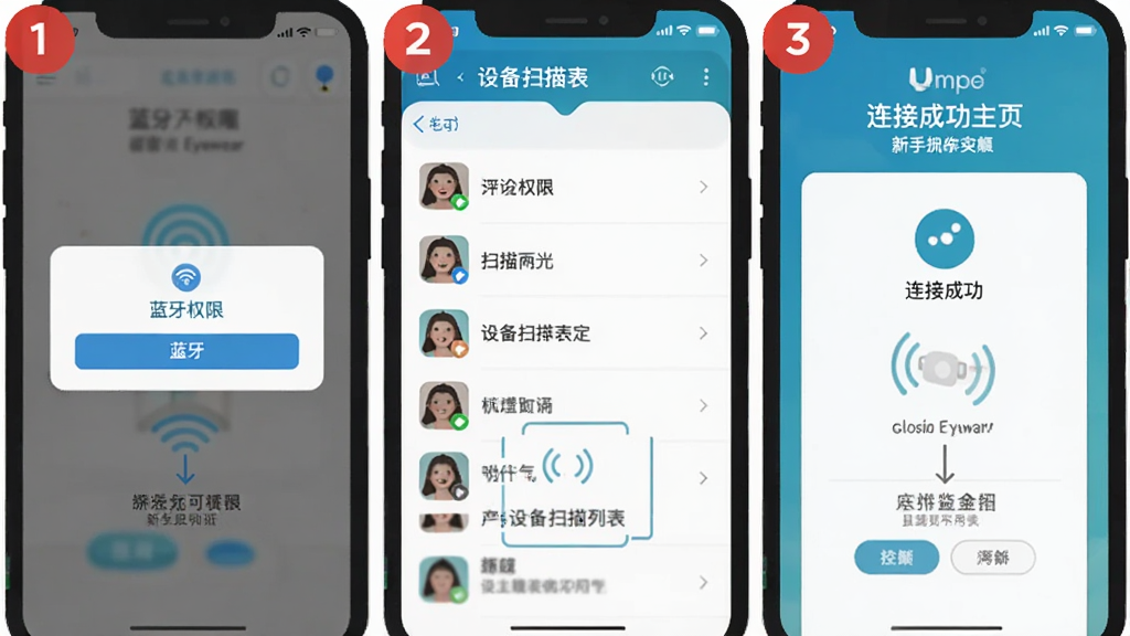 Glossia Eyewear新手操作流程图解,画面以手机屏幕截图风格呈现三个步骤,第一步是蓝牙权限弹窗,第二步是设备扫描列表,第三步是连接成功主页,布局纵向排列,风格为扁平化教程插图,细节上每一步有红色数字角标和简短文字说明,画质干净无多余元素