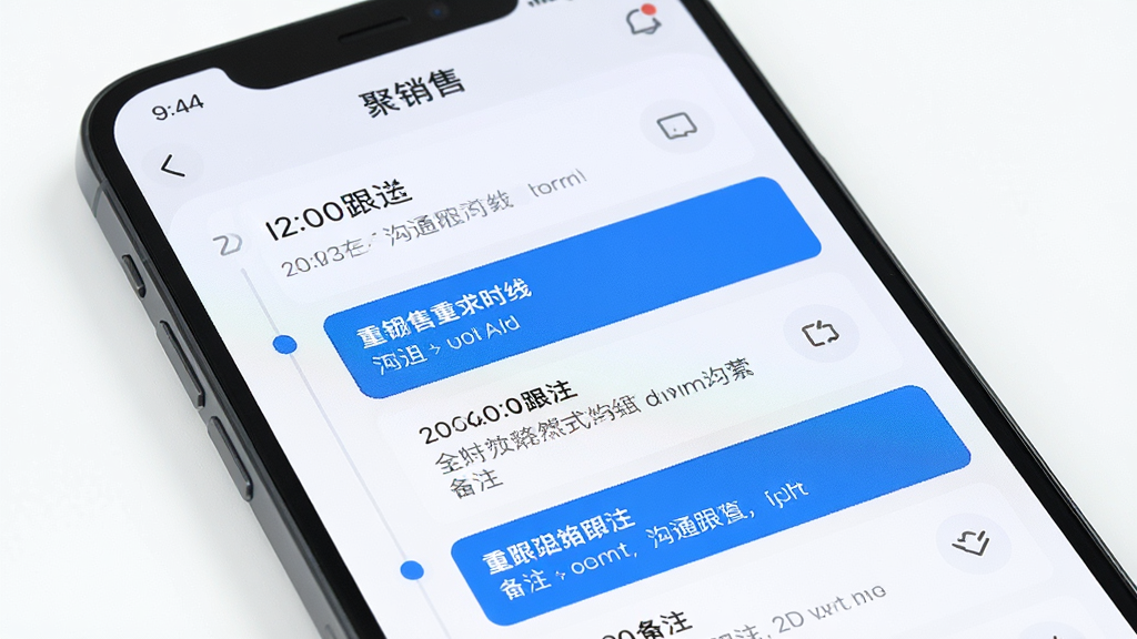 一张手机屏幕特写图,展示“聚销售”App的客户跟进时间线界面,屏幕上清晰显示多条跟进记录,每条记录有时间戳、沟通方式和备注内容。界面风格简洁,蓝色高亮标记重要跟进,背景干净明亮,画质清晰,突出信息层级。
