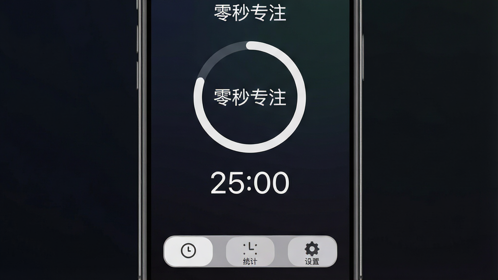 一张展示手机屏幕的图片,屏幕中央显示“零秒专注”应用主界面,界面设计极其简洁,背景为深色渐变,中央有一个醒目的圆形倒计时进度条,进度条下方显示“25:00”数字,屏幕底部有三个极简图标按钮,分别代表计时、统计和设置,整体风格为扁平化设计,画质干净清晰,无多余元素,文字使用白色无衬线字体,排版居中对称。